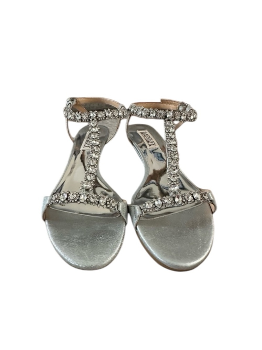 Women’s BADGLEY MISCHKA Silver T-Strap Yadira Wedge Leather Sandals, SZ. 6. - Picture 4 of 12